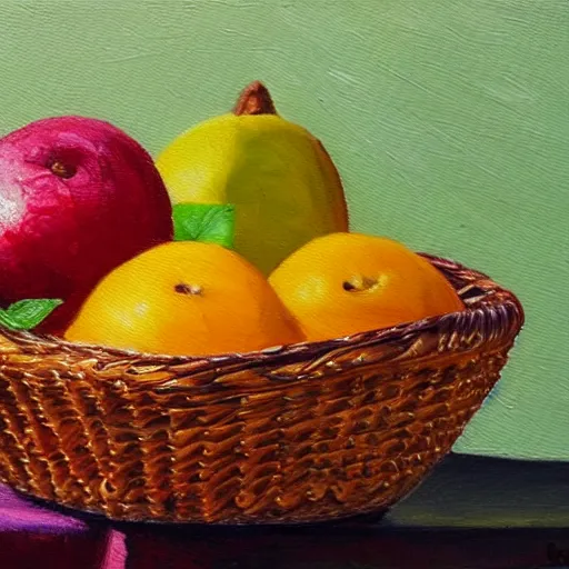Prompt: fruits in a basket, oil painting, detailed, realism, vibrant colors, artstaion