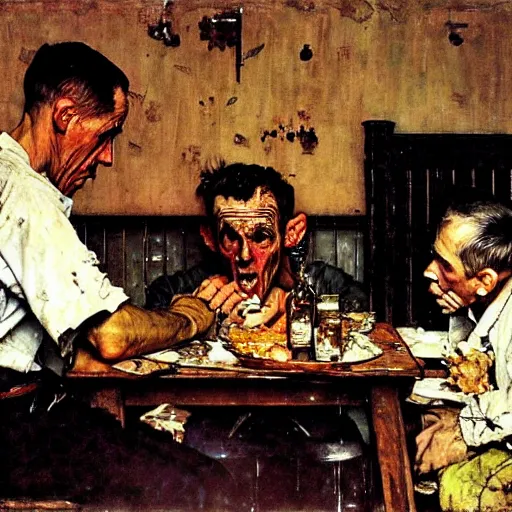 Prompt: a condemned prisoner eating his last meal, somber, dirty, artist norman rockwell and john sargent,