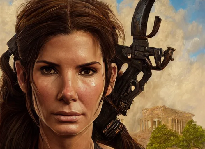 Image similar to face portrait of concentrated young Sandra Bullock as Lara Croft with pig-tails entering an incredible epic ruin, glorious sun beams, intricate, elegant, highly detailed, digital painting, short focus, illustration, Allan Lee, John Howe