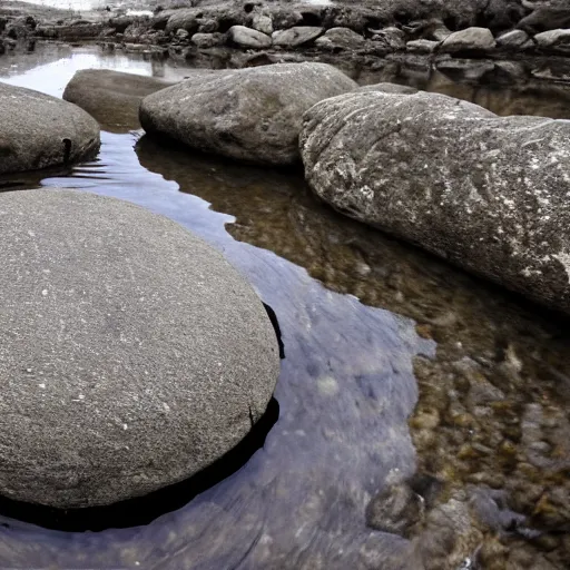 Image similar to detailed footage of european hunger stones in a river, photographic journalism, realistic, european river, carvings of drought and famine