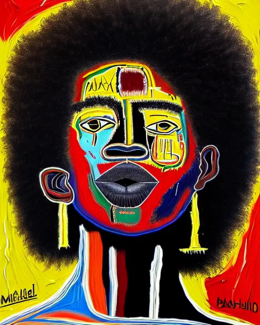 Prompt: A extremely ultra highly detailed majestic hi-res beautiful immaculate head and shoulders award winning painting stunning masterpiece of the face of a strong black african warrior man with an afro by Jean-Michel Basquiat, 8k, high textures, ultra hyper sharp, insanely detailed and intricate, super detailed, 8k HDR ultra high quality