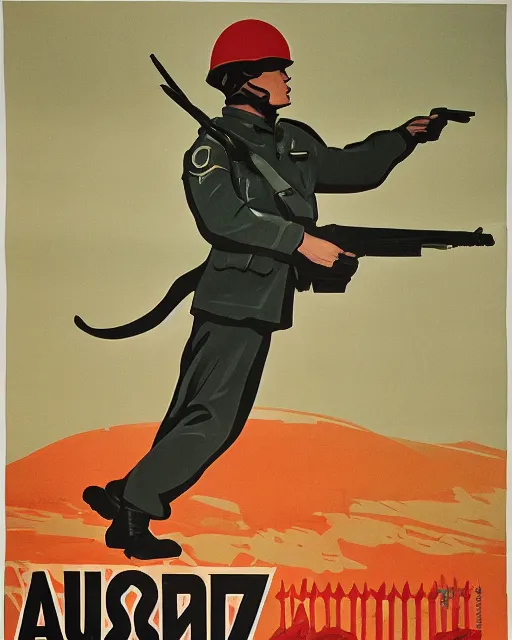 Image similar to soviet propaganda poster of an australian shepherd soldier, soviet art