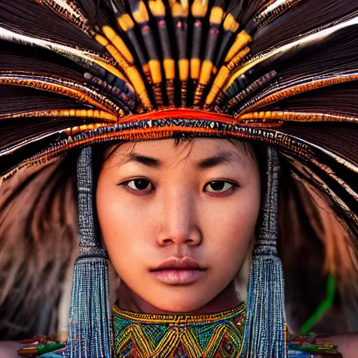 Prompt: portrait of a stunningly beautiful asian steppes tribal female, depth of field, zeiss lens, detailed, symmetrical, centered, fashion photoshoot, by Annie Leibovitz and Steve McCurry, David Lazar, Jimmy Nelsson, Breathtaking, 8k resolution, extremely detailed, beautiful, establishing shot, artistic, hyperrealistic, beautiful face, octane render