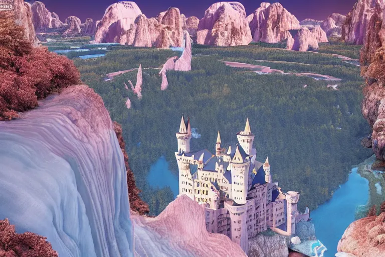 Image similar to neuschwanstein castle on pamukkale thermal waters flowing down gold travertine terraces in royal blue antelope canyon during sakura season on an interstellar aurora borealis with heavy thunder and lightning, pink and pink waterfalls, by peter mohrbacher, james jean, james gilleard, greg rutkowski, vincent di fate, rule of thirds, octane render, beautiful landscape