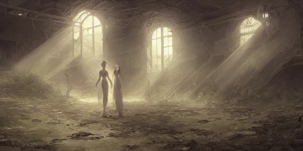 Prompt: “two figures enter abandoned derelict stadium, volumetric rays, wide angle, cinematic lighting, intricate, elegant, highly detailed, digital painting, artstation, sharp focus, illustration, art by artgerm and greg rutkowski and alphonse mucha and Wayne Barlowe and william-adolphe bouguereau ”