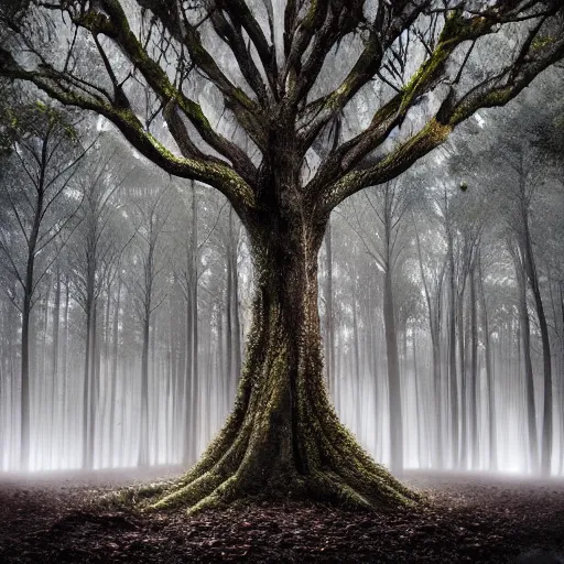 Prompt: spectacular, fabulous tree standing in a thickly vegetated, sombre forest in a fantasy world, dreamlike light incidence, sunraise, ultrarealistic, eerie, onimous