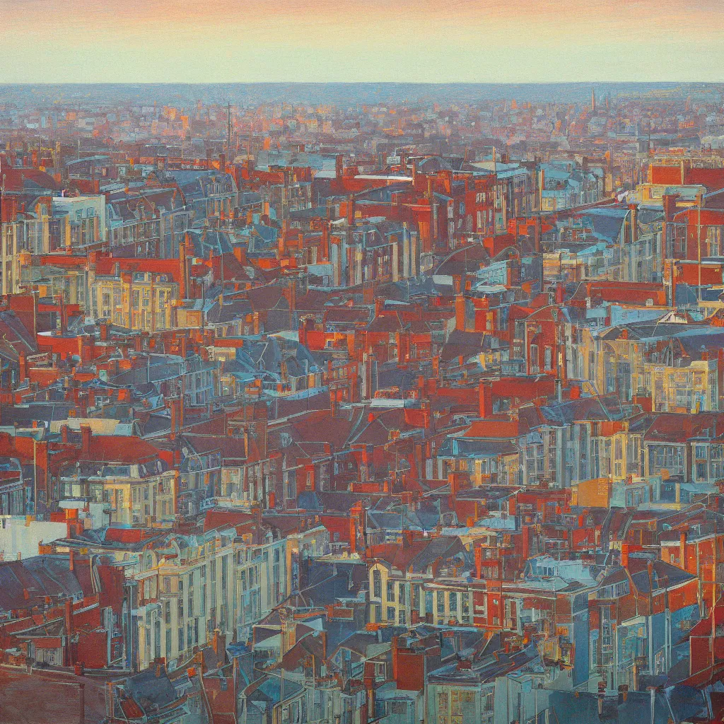 Image similar to rainy Brighton roof tops looking west, evening light, painted by Wayne Thiebaud