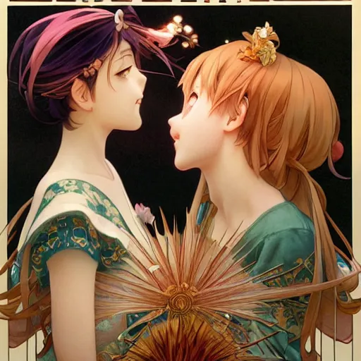 Image similar to two beautiful girls watching fireworks, digital art, painted by range murata, akiyuki shinbou, alphonse mucha, masamune shirow, josan gonzales, greg rutkowski makoto shinkai, highly detailed, realistic, cinematic, trending on pixiv fanbox