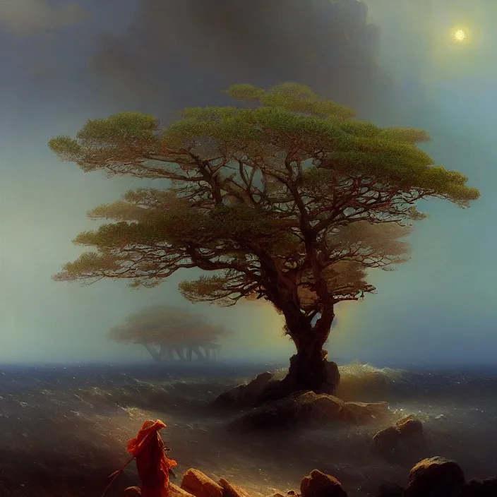 Image similar to a beautiful painting of the world tree on the red sea by ivan aivazovsky and greg rutkowski! and james gurney, in style of impressionism. highly detailed face. fantasy, elden ring, hyper detailed, sharp focus, soft light. ray tracing. trending on artstation. oil on canvas