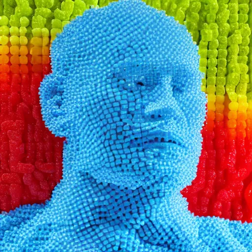 Prompt: a human head sculpture made out of thousands small gummy bears placed on the surface of the ocean, giant sculpture, in the style of chad knight, long shot, hyper detailed, hyper realistic, ray tracing, 8 k resolution, sharp focus, realistic water, award winning