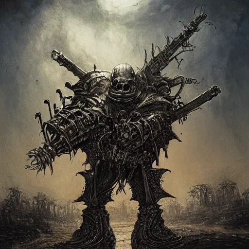 Image similar to terror knight, huge guns, armor of rat skulls, horror art, golden hour, by beksinski, szukalski, giger, pyromallis, dzo, iris compiet, seb mckinnon, digital art, highly detailed, intricate, sharp focus, trending on artstation hq, deviantart, pinterest, unreal engine 5, 4 k uhd image