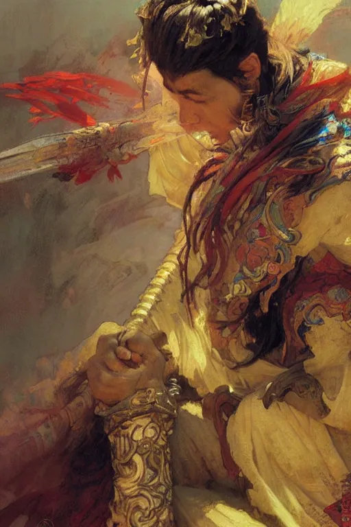 Image similar to attractive man, wuxia, colorful, painting by gaston bussiere, craig mullins, greg rutkowski, alphonse mucha