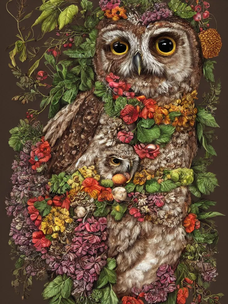 Image similar to Highly detailed cute owl in the style of Guiseppe Arcimboldo, sharp, masterpiece, artstation