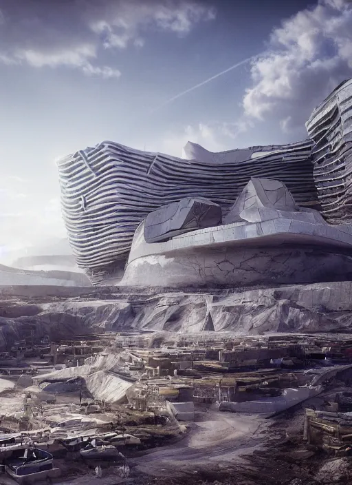 Image similar to bioremediation white mining tailing futuristic architecture in chuquicamata, epic, cinematic, hyperealistic, high detailed, corona render, hdr, ray tracing