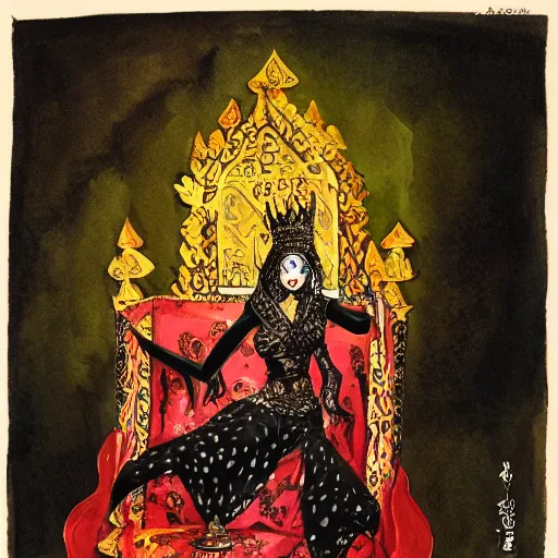 Image similar to an illustration of a dark queen on a throne, oriental, arabic, at night by marc davis, realistic, gouache, painting