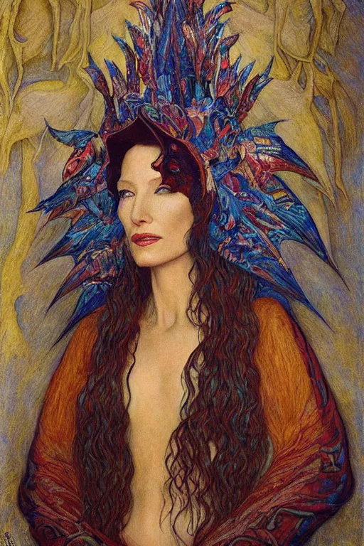 Image similar to cate blanchett , by jean delville and Gaston Bussière and Tino Rodriguez and Diego Rivera , elaborate headdress and embroidered velvet, iridescent beetles, rich color, dramatic cinematic lighting, extremely detailed