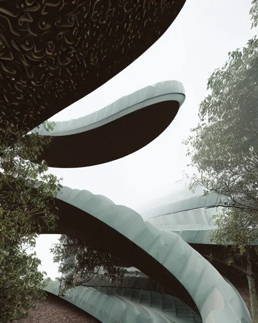 Prompt: one point perspective photo of a futuristic biomimicry oasis house facade made of vaults + sandstone tiles + the facade is elegant and made of a biomimicry nature algae with ornate patterns + led light + spiral stairs + photo taken on a misty morning + architectural photography, 8K, photorealistic