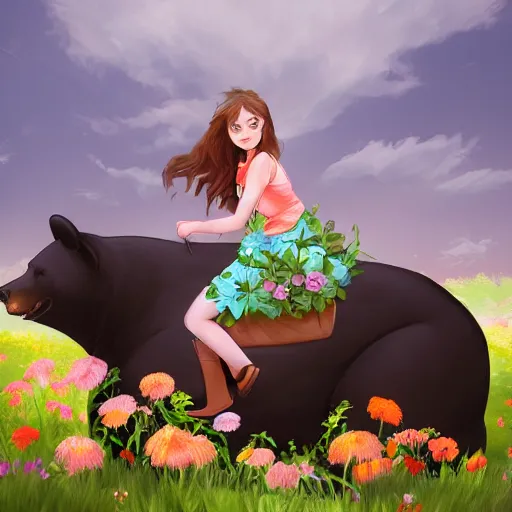 Image similar to girl riding a giant black bear in a field of flowers, trending on artstation