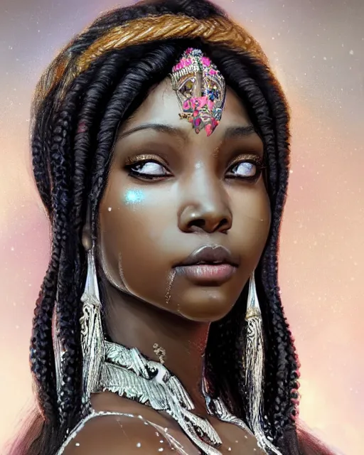Prompt: Intricate 3/4 view portrait of a gorgeous dark skinned goddess with decorated braided hair and crystals on her cheeks and forehead, realistic character concept, by wlop and Ross Tran and sam yang and mandy jurgens and viktoria gavrilenko, identical eyes, gazing eyes, stunning, gorgeous, beautiful eyes medium shot, elegant pose, fantasy, featured on artstation, cinematic lighting, hyperdetailed, cgsociety, 8k, golden ratio, vfx, postprocessing, alluring