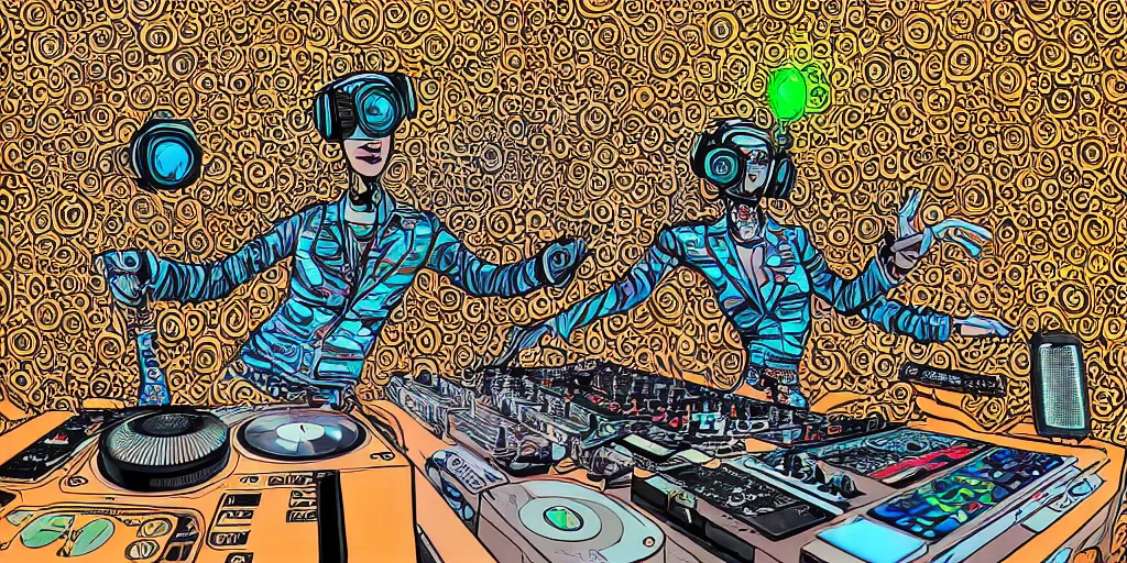Prompt: intricate detailed artwork of a futuristic cute caracal as a dj at an underground warehouse rave in Ibiza playing afro house music using dj controller to thousands of beautiful female ravers, in the style of Geof Darrow, no hair, sunglasses, beard, wires, speakers, neon