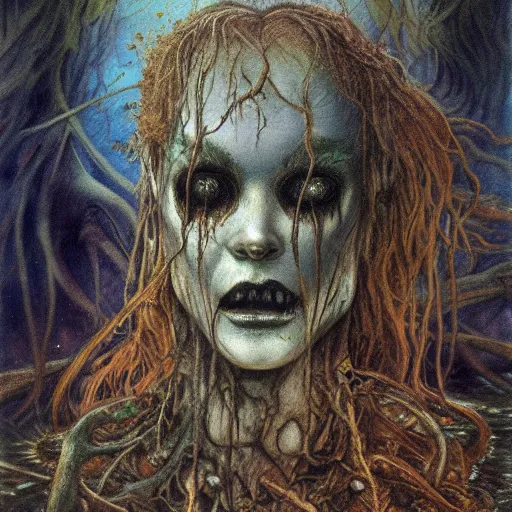 Image similar to evil rusalka of the blighted swamp, aquiline features, holding a human skull thin, young black shimmering hair, by brian froud, cold secondary colors, colors reflecting on lake, swamp roots and dead trees, oil on canvas, oil panting