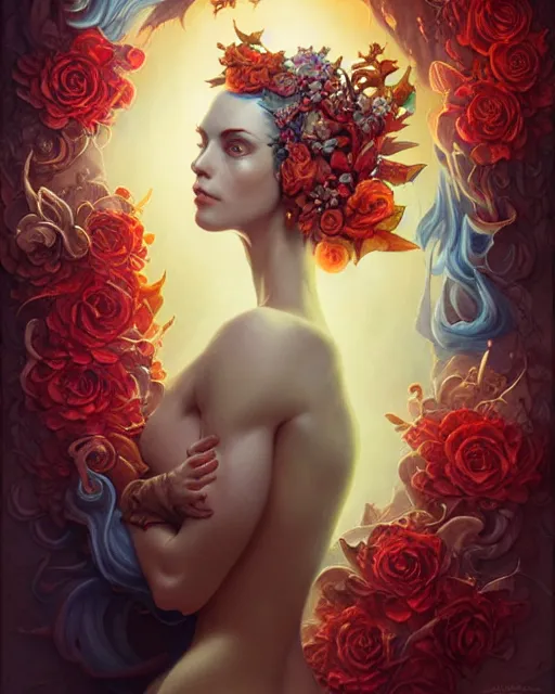 Image similar to liquid magma priestess adorned with flowers and gemstones, artgerm, peter mohrbacher, jesper ejsing, photorealism, highly detailed portrait, volumetric lighting