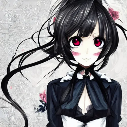 Prompt: beautiful illustration of anime maid, stunning and rich detail, pretty face and eyes. Dark and urban styled. Full-body shot, upper body.