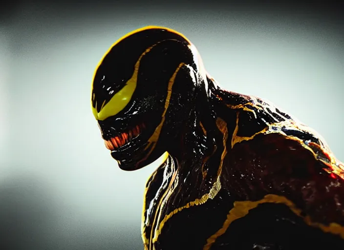 Prompt: venom fused with deadshot yellow eye, ultra realistic 4 k unreal engine very cinematic render with ray tracing bloom ambient occlusion strong reflections depth of field fog