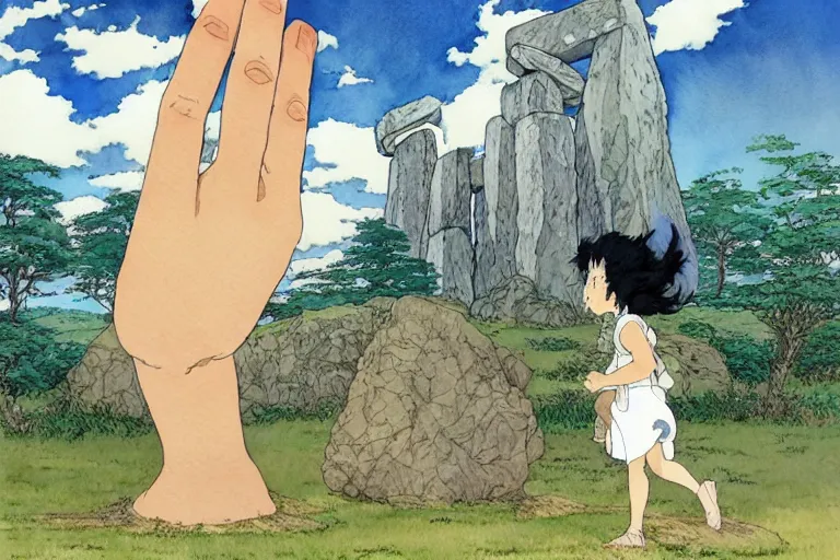 Image similar to a hyperrealist studio ghibli watercolor fantasy concept art. in the foreground is a giant hand coming down from the sky holding a stone. in the background is stonehenge. by rebecca guay, michael kaluta, charles vess