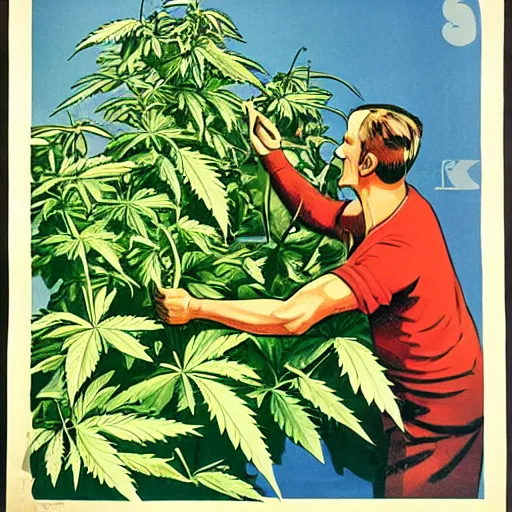 Image similar to a soviet propaganda poster of people harvesting cannabis plants