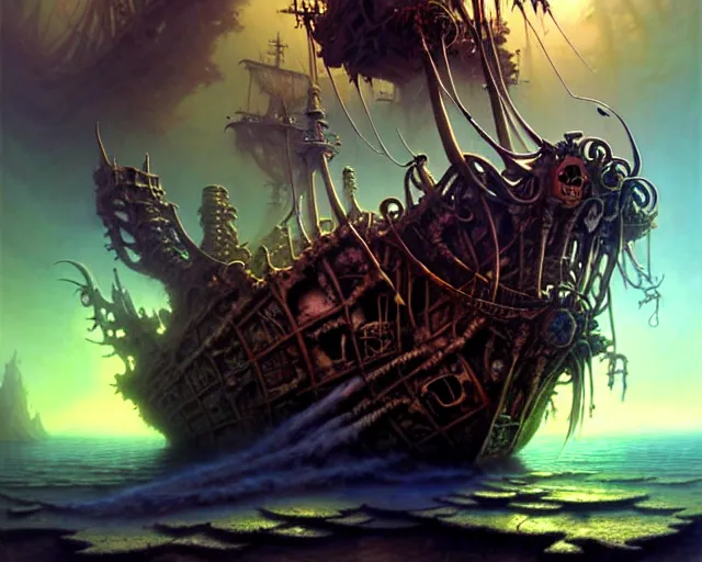 Image similar to street view of a wrecked pirate ship made of bones, fantasy landscape made of fractals facing each other, ultra realistic, wide angle, intricate details, the fifth element artifacts, highly detailed by peter mohrbacher, hajime sorayama, wayne barlowe, boris vallejo, aaron horkey, gaston bussiere, craig mullins