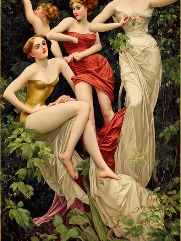 Image similar to Kiernan shipka as the three graces, a beautiful art nouveau portrait by Gil elvgren, Moonlit forest environment, centered composition, defined features, golden ratio, silver jewelry