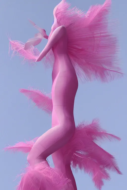 Image similar to a woman in a pink dress and pink shoes, a haute couture marble sculpture by alexander mcqueen, cg society contest winner, vorticism, daz 3 d, made of feathers, feminine