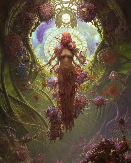 Image similar to the platonic ideal of flowers, rotting, insects and praying of cletus kasady carnage davinci dementor chtulu mandelbulb mandala ponyo dinotopia the witcher, fantasy, ego death, decay, dmt, psilocybin, concept art by randy vargas and greg rutkowski and ruan jia and alphonse mucha