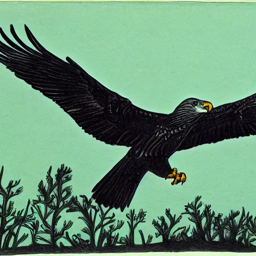 Image similar to drawing of a black eagle flying over a forest