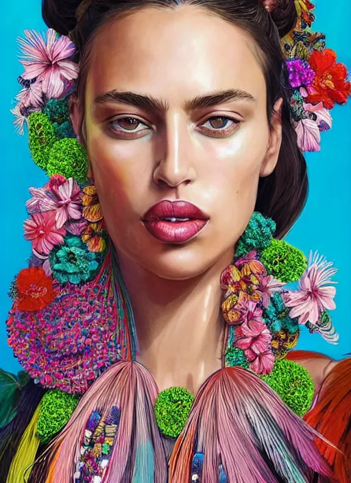 Prompt: beautiful portrait of Irina Shayk wearing fantastic Hand-dyed cotton dress,embellished beaded feather decorative fringe knots ,colorful pigtail,subtropical flowers and plants,symmetrical face,intricate,elegant,highly detailed,8k,digital painting,trending on pinterest,GUCCI,PRADA,harper's bazaar,concept art, sharp focus,illustration,by artgerm,Tom Bagshaw,Lawrence Alma-Tadema,greg rutkowski,Alphonse Mucha