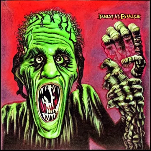 Image similar to gilbert gottfried as frankenstein monster scary horror painting metal album cover