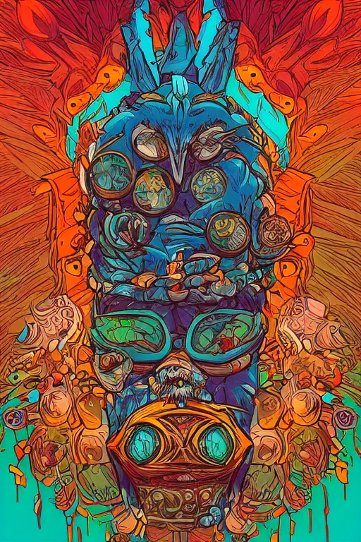 Image similar to animal mask totem roots flower tribal feather gemstone plant wood rock shaman vodoo video game vector illustration vivid multicolor borderlands comics by josan gonzales and dan mumford radiating a glowing aura