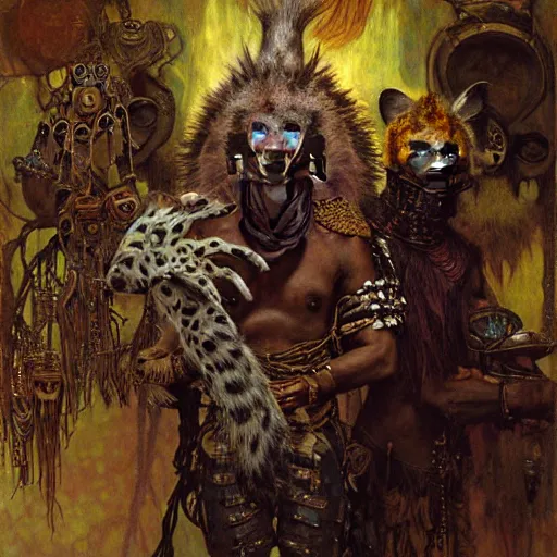 Image similar to portrait of a hyena gnoll shaman wizard. shadowrun furaffiniy cyberpunk fantasy highly detailed painting by gaston bussiere craig mullins jc leyendecker gustav klimt artgerm greg rutkowski john berkey, bergey, craig mullins, ruan jia, raymond swanland, jeremy mann, tom lovell, alex malveda