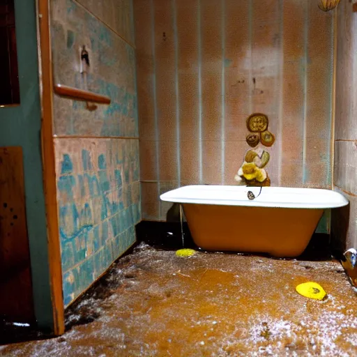 Image similar to hd photograph of a 1 9 6 0 s style home restroom, heavily soiled and damaged with age. the toilet bowl has broken and there is a thin layer of water covering the floor. in the bathtub there is a strange creature, made of liquid water, in the shape of a koifish.