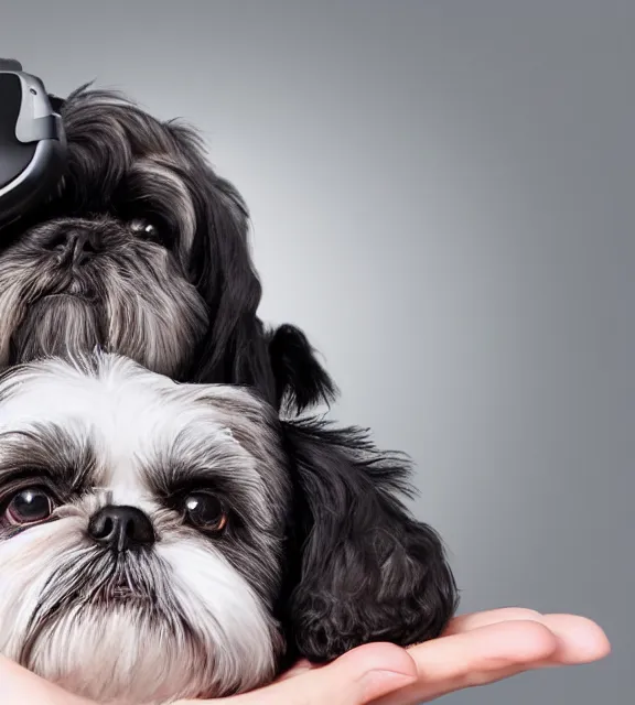 Prompt: a 4 k photorealistic photo of a black shih - tzu puppy wearing a vr headset on her head