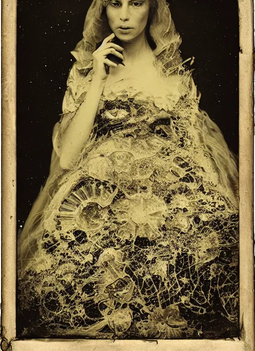 Image similar to old wetplate daguerreotype portrait of the birth of queen elisabeth cyborg, explosion of data fragments, fractal, intricate, elegant, highly detailed, parallax, leica, medium format, subsurface scattering, by jheronimus bosch and greg rutkowski and louis jacques mande daguerre