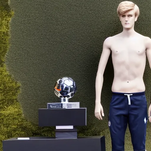 Prompt: a realistic detailed photo of a guy who is an attractive humanoid who is half robot and half humanoid, who is a male android, soccer player martin ødegaard, shiny skin, posing like a statue, blank stare, in the backyard, on display