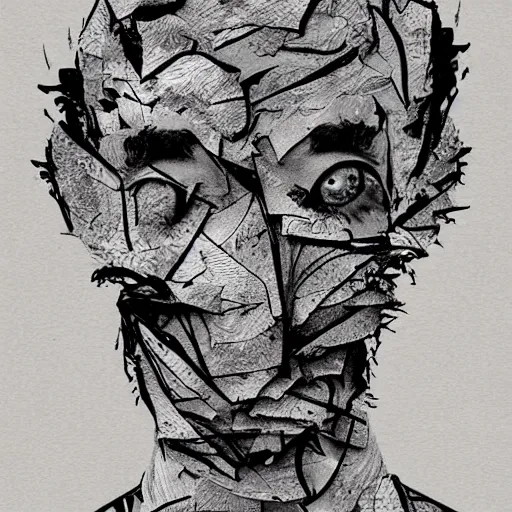 Image similar to man face shredded like paper peeling, dark, surreal, illustration, by ally burke