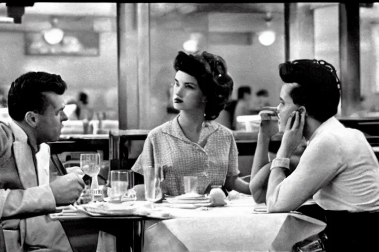 Prompt: beautiful couple arguing in a New York diner 1959s, by Roger Deakins