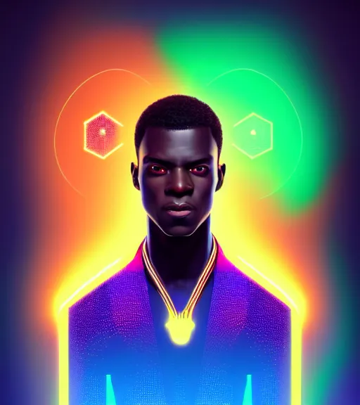 Image similar to symmetry!! african prince of technology, solid cube of light, hard edges, product render retro - futuristic poster scifi, lasers and neon circuits, dark skin man african prince, intricate, elegant, highly detailed, digital painting, artstation, concept art, smooth, sharp focus, illustration, dreamlike, art by artgerm