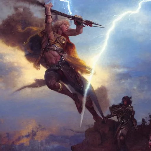 Image similar to a man with short blonde hair shooting lightning bolts at his enemy in battle. detailed matte painting. masterpiece. coherent. rule of thirds 4 k. fantasy art. by gaston bussiere. derek zabrocki. craig mullins