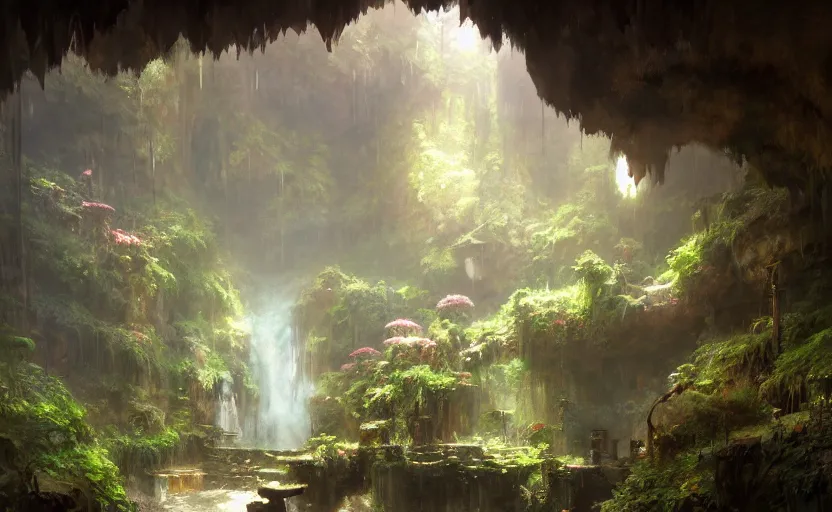 Prompt: painting of an interior of a hidden hotspring in a cave, fantasy, lush plants and flowers, natural light, concept art, by greg rutkowski and craig mullins, cozy atmospheric and cinematic lighting, trending on artstation