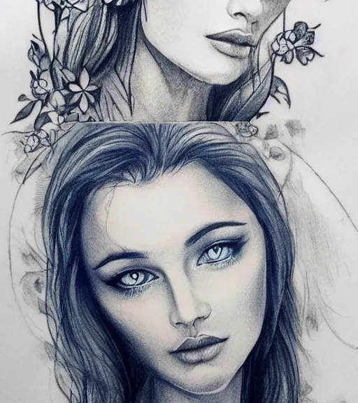 Image similar to tattoo design sketch of a beautiful blue - eyed woman face with a faded background of beautiful mountains and nature on her side, hyper - realistic, in the style of den yakovlev, amazing detail, black and white
