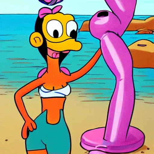 Prompt: leela from futurama making a bikini selfie with a shy donald duck at the beach, painting matt groening, don rosa, trending on artstation